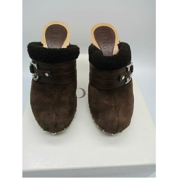 CHRISTIAN DIOR brown suede and shearling trim clog - Picture 2 of 8